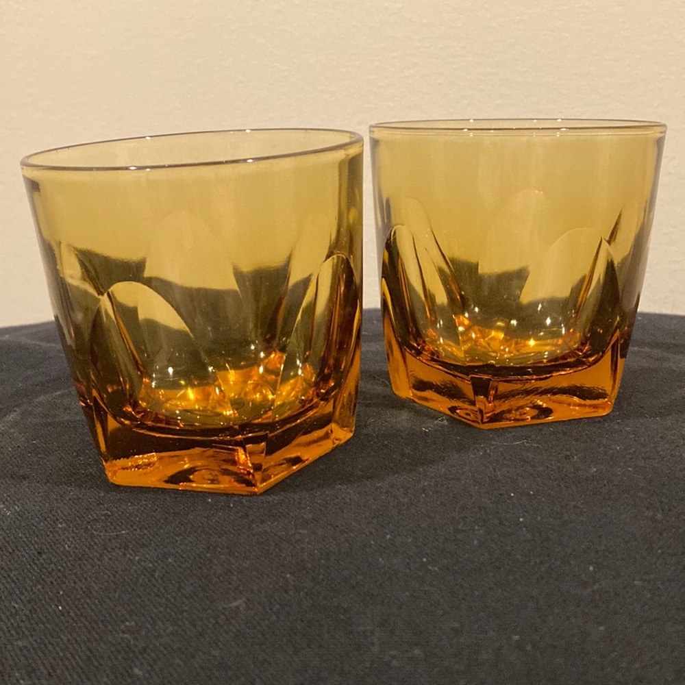 Vintage Gothic Hazel Atlas Barware Low Ball Rocks Glasses MCM Amber Gold